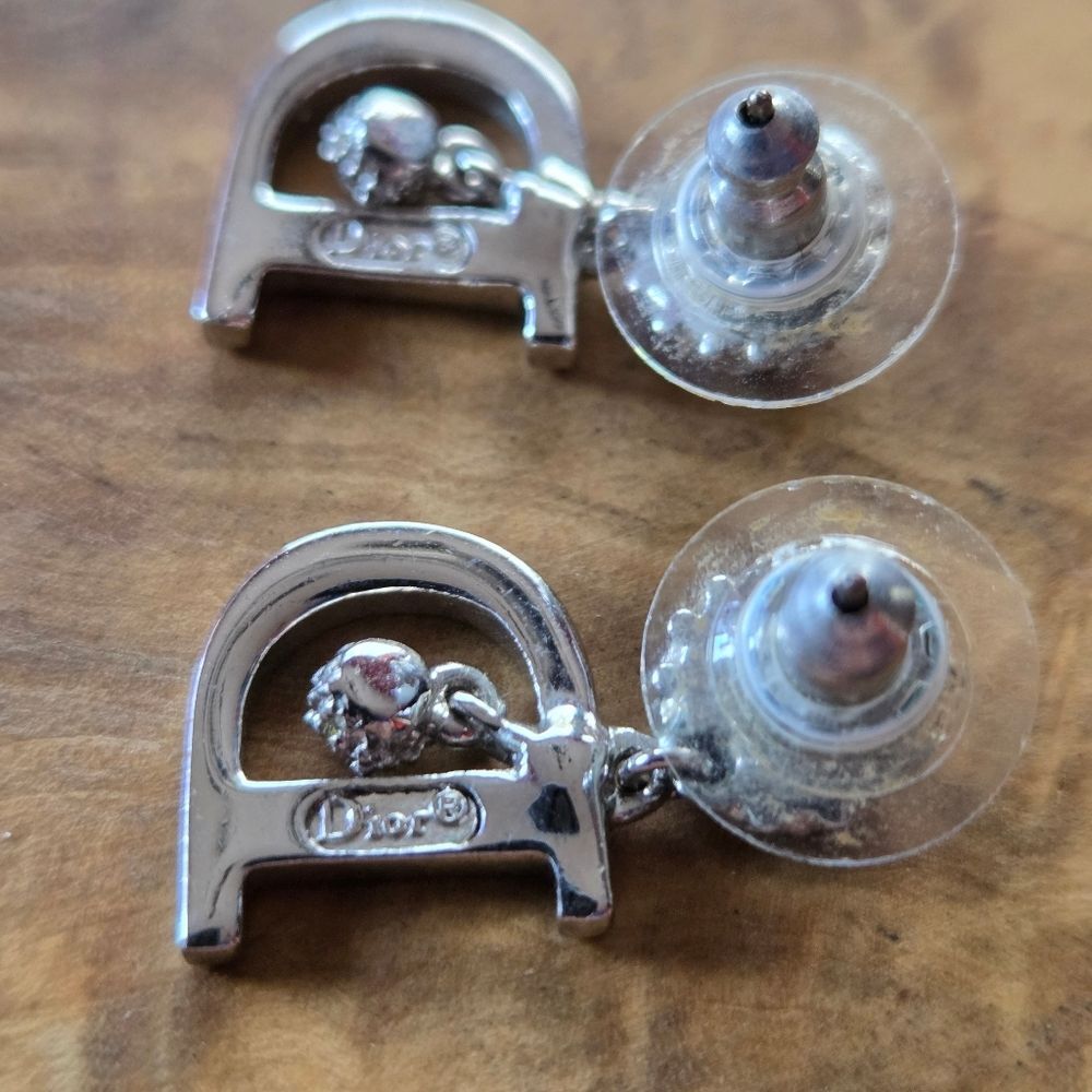 Vintage Y2K Dior Crystal D Embellished Drop Dangle Pierced Ears Earrings Silver - Picture 8 of 8